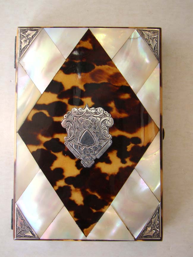 A fabulous silver mounted tortoiseshell and mother-of-pearl calling card case circa 1880